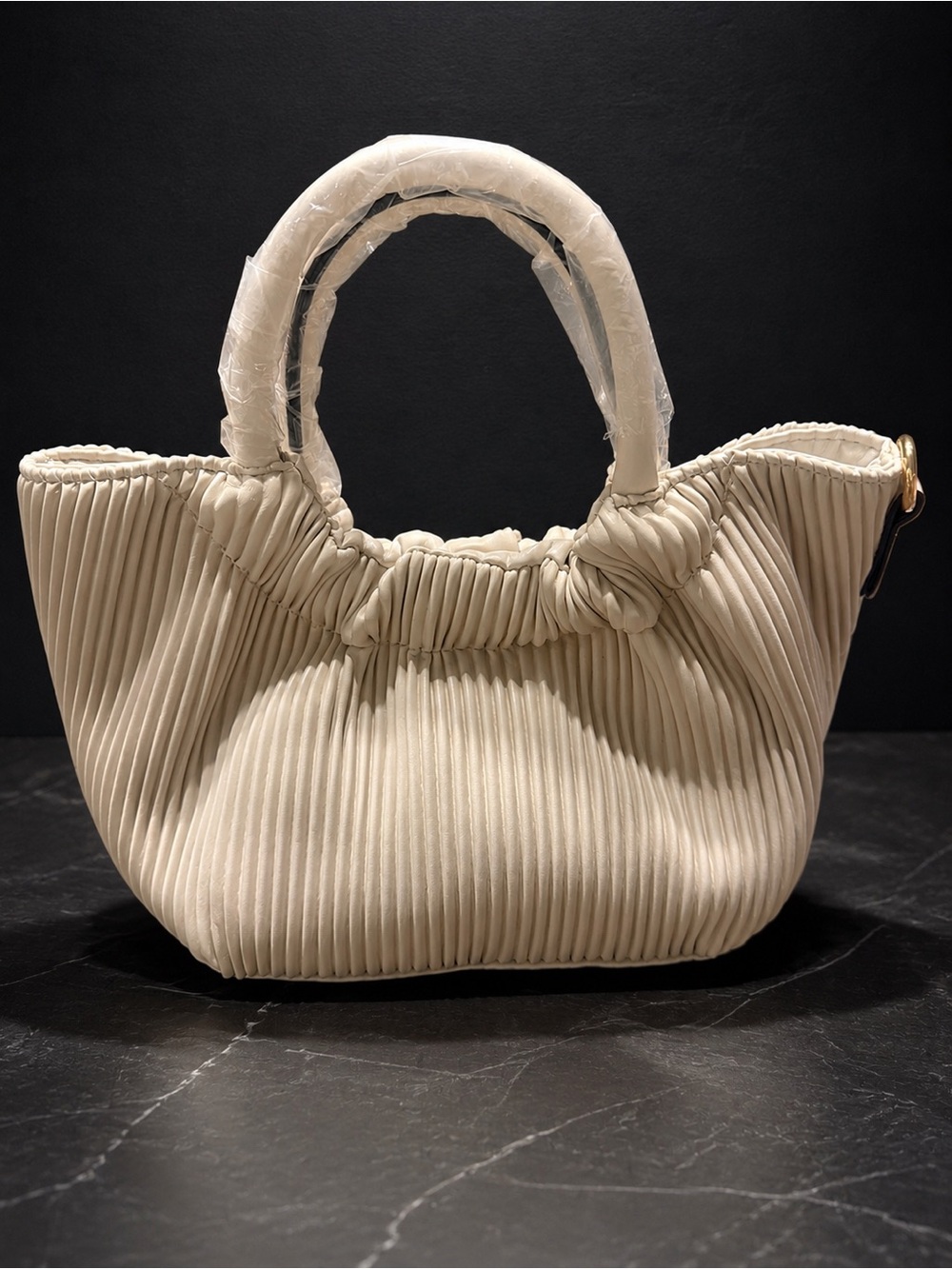 Cream Pleated Knot-Top Tote Bag for Women